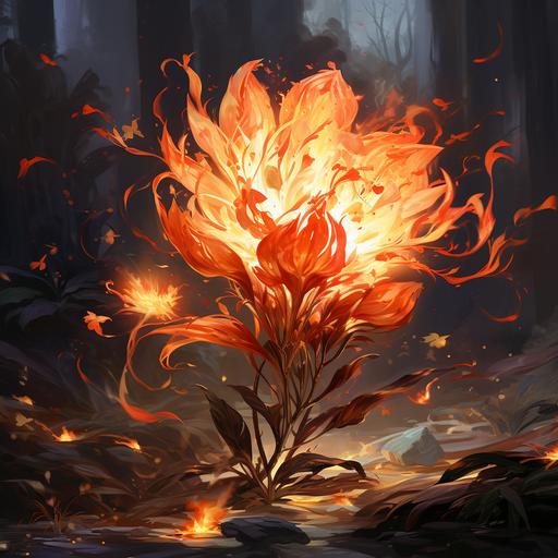 rpg illustration of a flaming flower, flora based on indian and cambodian flowers, burning --s 250 --v 5.2