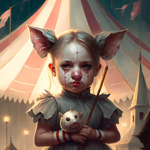 rpg portrait concept art: little girl with grey skin and blind eyes, ghoul, wearing a pig mask, holding a huge round lollipop, standing among carnival tents