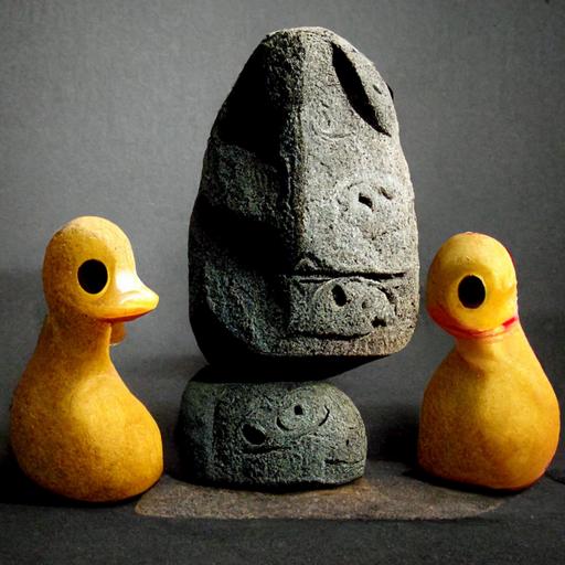 rubber duck statues in the style of Easter island stone heads
