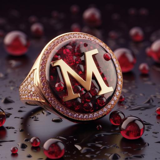 ruby and diamond encrusted letter m ring with same theme background photorealistic --q 2 --v 5