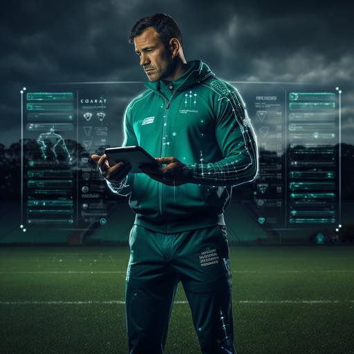 rugby coach of the future leveraging data, artificial intelligence on a field in new zealand. Coach will be wearing a forrest green track suit