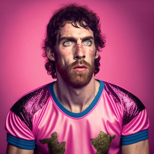rugged man wearing a sequined pink football jersey --v 4
