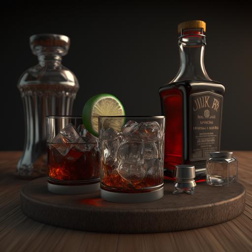 rum and coke on a bar countertop realistic 4k unreal engine render reflective