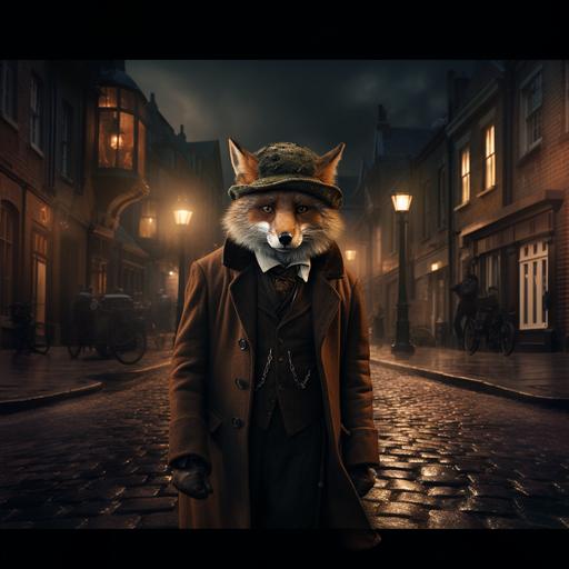 runepunk Sherlock Holmes as a fox walking down a street in 18th century England at Night. 8k resolution maximalist