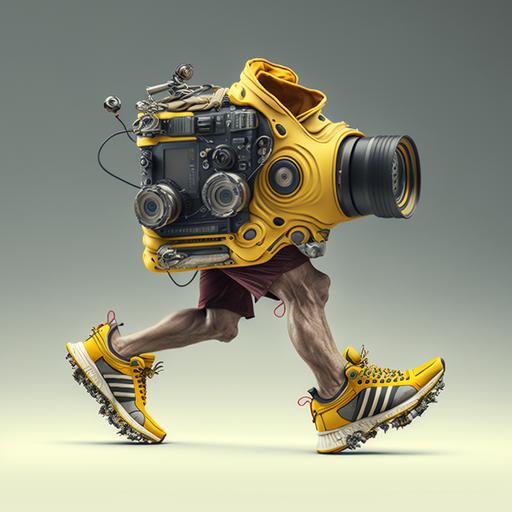 runner carrying camera gear, yellow outfit and running shoes, intricate details, no background, photorealistic --v 4 --q 2