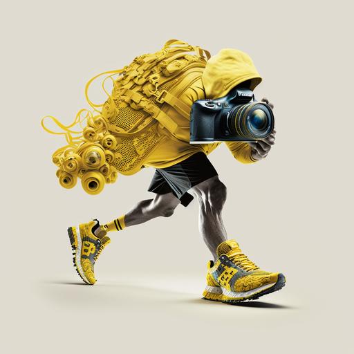 runner carrying camera gear, yellow outfit and running shoes, intricate details, no background, photorealistic --v 4 --q 2