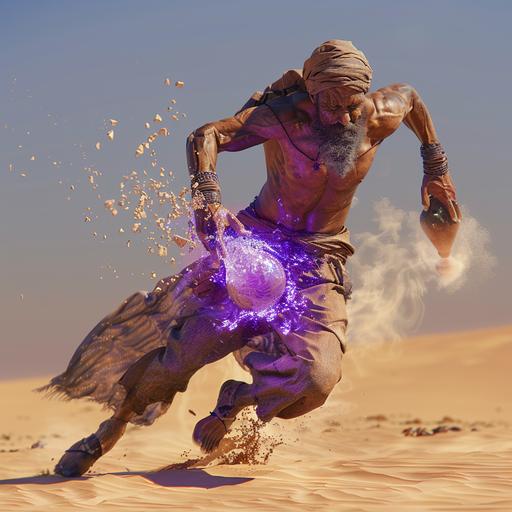 running man in arbian custome.hardly catch his breath. his pare foots dive in sand. Holding half filled glowing purple potion. desert.zbrush, photorealistic CGI full character