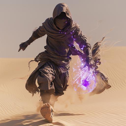 running man in arbian custome.hardly catch his breath. his pare foots dive in sand. Holding half filled glowing purple potion. desert.zbrush, photorealistic CGI full character.sekiro art style