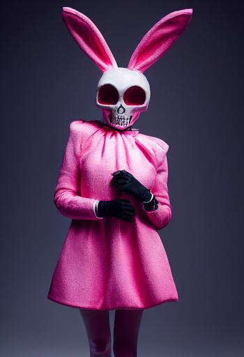 runway model wearing a pink bunny costume and a skull mask on the runway, fashion photo shoot --testp --creative --ar 5:8  --upbeta --upbeta