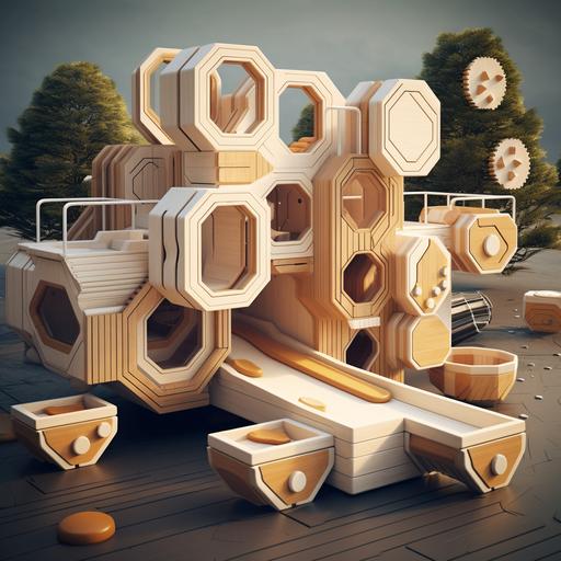 The concept of a children's playground hexagon forms :: isometric, wood materials, photography, White light, Realism, 3ds Max, High angle perspective, Made of wood, Film camera --chaos 0 --no people --ar 1:1