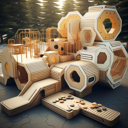 The concept of a children's playground hexagon forms :: isometric, wood materials, photography, White light, Realism, 3ds Max, High angle perspective, Made of wood, Film camera --chaos 0 --seed 0 --no people --ar 1:1
