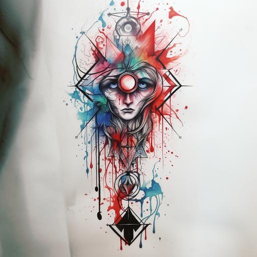 beautiful abstract tattoo sketch based on the Witcher 3 medallion in cyberbunk style :: white background, watercolor drawing, abstraction :: highly detailed q1 no people no face