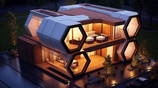 the concept of a compact small residential three-storey house consisting of hexagonal modules :: isometric, wood materials, photography, White light, Realism, 3ds Max, High angle perspective, Made of wood, Film camera --chaos 0 --seed 0 --no people --ar 16:9