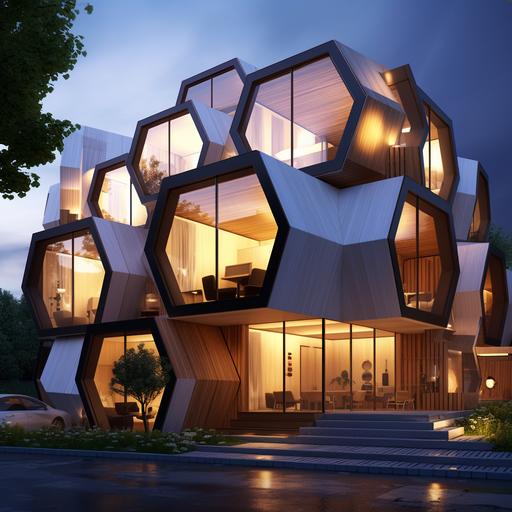 the concept of a residential building consisting of hexagonal modules :: isometric, wood materials, photography, White light, Realism, 3ds Max, High angle perspective, Made of wood, Film camera --chaos 0 --no people --ar 1:1