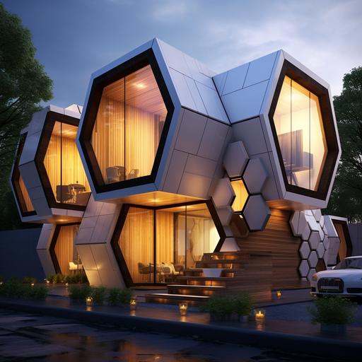 the concept of a residential building consisting of hexagonal modules :: isometric, wood materials, photography, White light, Realism, 3ds Max, High angle perspective, Made of wood, Film camera --chaos 0 --seed 0 --no people --ar 1:1