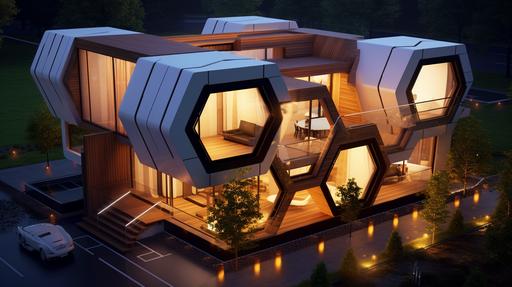 the concept of a residential three-storey house consisting of hexagonal modules :: isometric, wood materials, photography, White light, Realism, 3ds Max, High angle perspective, Made of wood, Film camera --chaos 0 --seed 0 --no people --ar 16:9