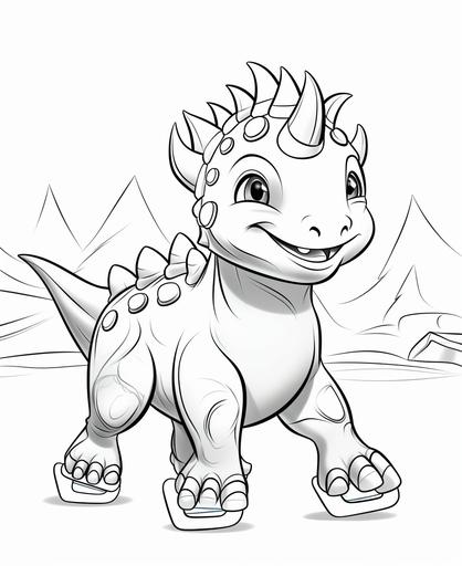 playful triceratops ice skating, coloring book page, simple and clean line art no shading, --ar 9:11