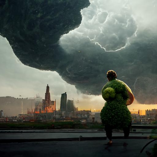 giant talking broccoli attacking a city, stormy sky, concept art, holy light, highly detailed, hyper realistic, renaissance composition, cinematic detailed, trending on artstation, epic cinematography, 8k --uplight