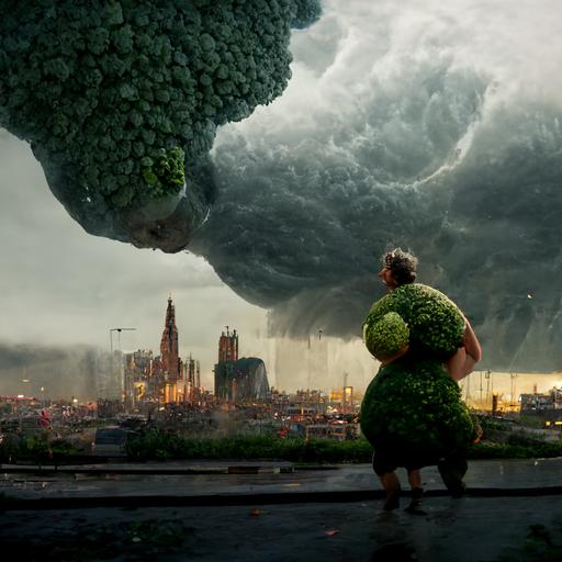 giant talking broccoli attacking a city, stormy sky, concept art, holy light, highly detailed, hyper realistic, renaissance composition, cinematic detailed, trending on artstation, epic cinematography, 8k