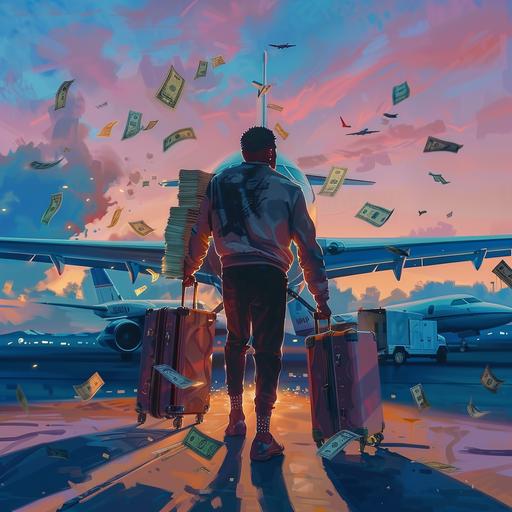 russell wilson with stacks of cash falling out of suitcases, his back facing the image as he walks toward a private jet