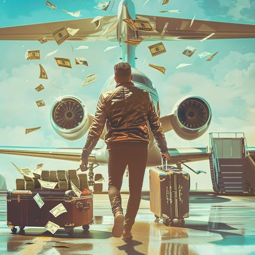 russell wilson with stacks of cash falling out of suitcases, his back facing the image as he walks toward a private jet