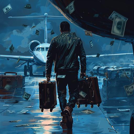 russell wilson with stacks of cash falling out of suitcases, his back facing the image as he walks toward a private jet