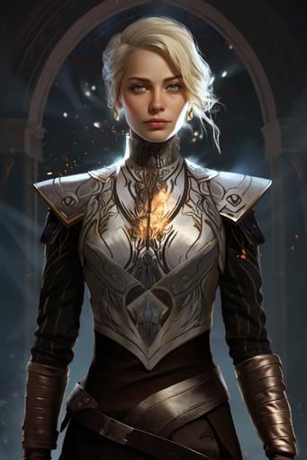 russian woman, short blonde hair, technomancer character, artificer, imperial russian costume design, sleek, magic arrow, electricity --v 5.2