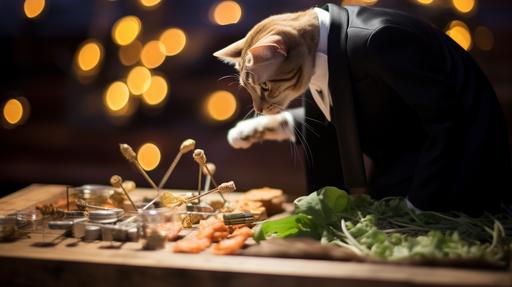 rustic materiality feline human jedi eating vegetable tray in blazer for lissajous circuit lighthouse at the met gala, bokeh %weather, underlit lighting, --no text --ar 16:9 --s 100 --seed 6500 --style raw