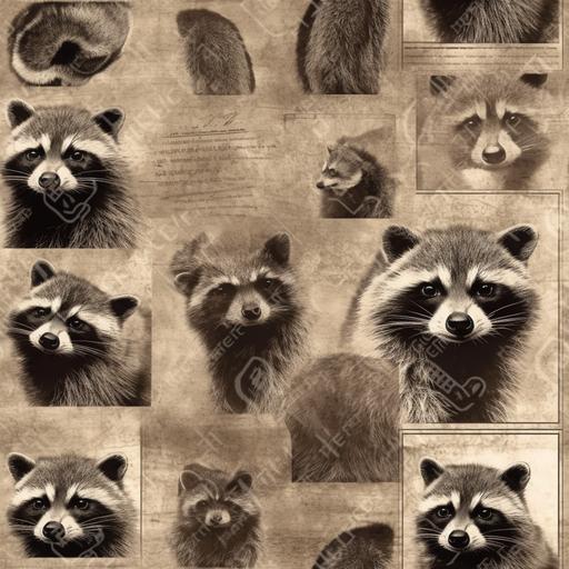 rustic raccoon print, sepia, polaroids, pattern --tile --s 750 --v 5