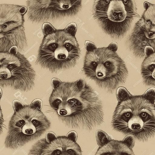 rustic raccoon print, sepia, polaroids, pattern, no watermarks --tile --s 750 --v 5