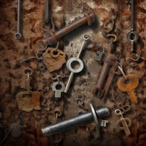 rusty old skeleton keys laying next to a surreal multi metal lock on a vitual reality wall --v 5