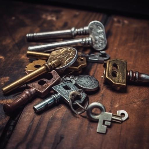 rusty old skeleton keys laying next to a surreal shiny polished multi metal lock --v 5