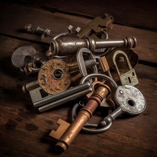 rusty old skeleton keys laying next to a surreal shiny polished multi metal lock --v 5