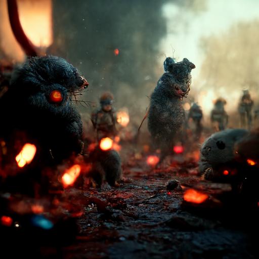 unique characters, strong hamster, weak bear, short wolf, tall fish, fat snake, high detail, soldier gear, sci-fi, ultra realistic, 3d, octane render dark gods clashing, fighting, war, in hell