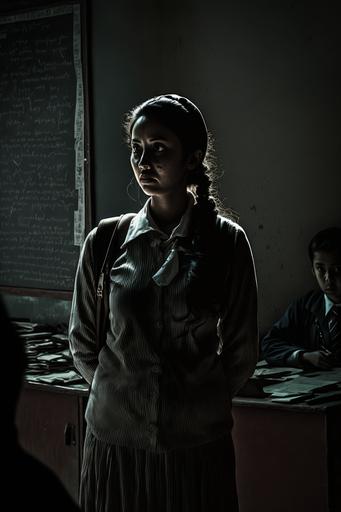 a female teacher who went against the system, a female teacher stands in the classroom and fights against the dark forces Exquisite detail, 30-megapixel, 4k, sharp-focus, f:8, ISO 100, shutter-speed 1:125, diffuse-back-lighting, award-winning photograph, small-catchlight, High-sharpness --ar 2:3