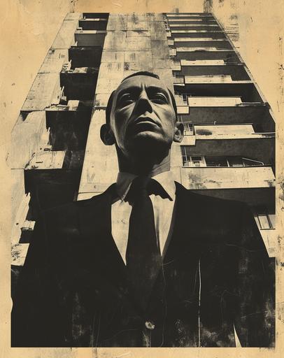 heropose black_and_white portrait of an ugly man in a business suit, sovit era, 76lpi halftone raster print on vintage yellowed paper, brutalism architechture in the background --ar 23:29 --v 6.0 --s 222