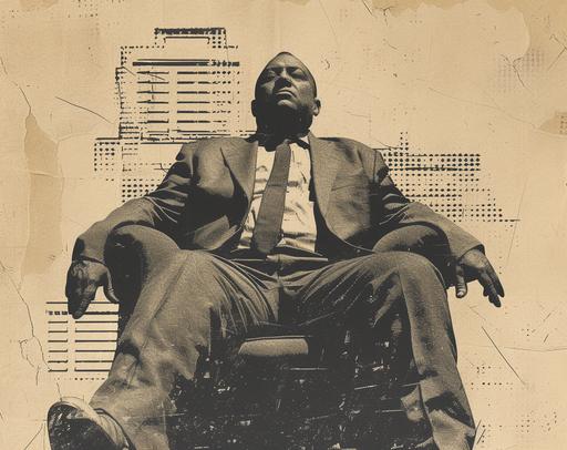 sorvite era black & white heropose portrait of an ugly man in a business suit, halftone raster print on vintage yellowed paper, brutalism architechture in the background --ar 29:23 --v 6.0