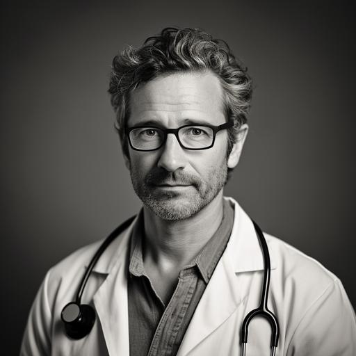 general physician 40 years old male in black and white as persona picture