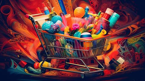 A shopping cart full of goods. Cell phones, clothes, hats boxes, pillows, decorative items, more clothes, cosmetics, shoes, purses,, . Consumerism. intricate details. Abstract patterns. Vibrant colorful. Primary colors. Tertiary colors. --ar 16:9 --v 5.1 --s 250