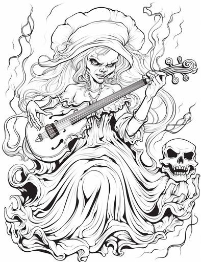 coloring page, spooky witch playing violin, long nails, cartoon style, thick lines, low detail, black and white --ar 85:110