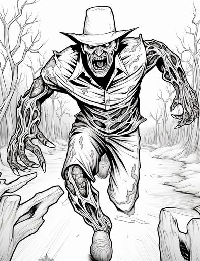 coloring pages for kids, freddy krueger chasing, cartoon style, thick lines, low details, black and white, no shading, --ar 85:110