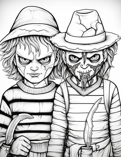 coloring pages for kids, freddy krueger vs chucky, cartoon style, thick lines, low details, black and white, no shading, --ar 85:110