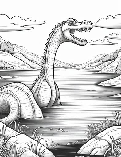 coloring pages for kids, the loch ness monster under lake , cartoon style, thick lines, low details, black and white, no shading, --ar 85:110