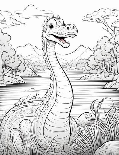 coloring pages for kids, the loch ness monster , cartoon style, thick lines, low details, black and white, no shading, --ar 85:110