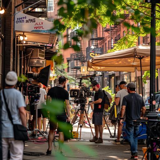 a photo of a film crew outside on set in the summer in new york city - 9x16 orientation