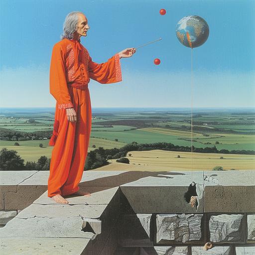 a MAN in orange and red embroidered clothing standing on a battlement, holding a globe in one hand and a wand in the other. The figure gazes into the distance, contemplating the vast possibilities that lie ahead. In the background, there is a landscape stretching out before them --sref