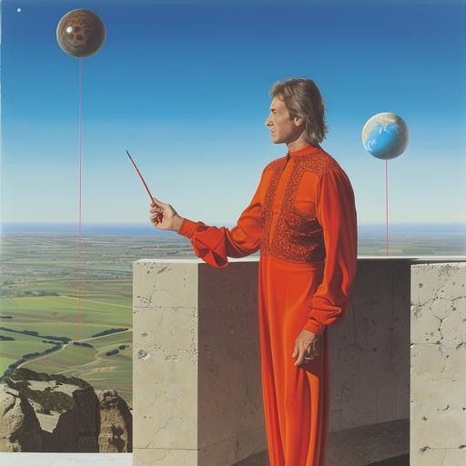 a MAN in orange and red embroidered clothing standing on a battlement, holding a globe in one hand and a wand in the other. The figure gazes into the distance, contemplating the vast possibilities that lie ahead. In the background, there is a landscape stretching out before them --sref