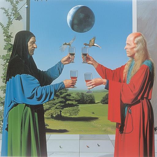 three medieval people, wearing colorful and flowing garments, raising their cups in a joyous toast, celebrating together in camaraderie and friendship. In the background a lush garden and festive setting --sref