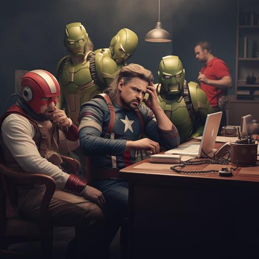 sad avengers in costumes sitting on desks in a room making sales phone calls