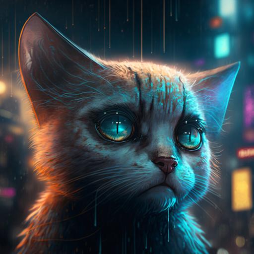 sad cat face, crying, cyberpunk, hdr, high quality, 4k --v 4